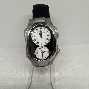 Philip Stein Watch Teslar Dual Time Zone Steel Black Leather Band